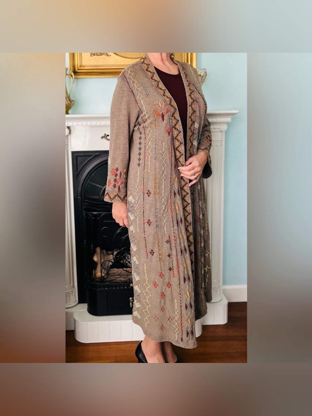 Like New CAITE Hand Embroidered Open Front Coat/Cardigan